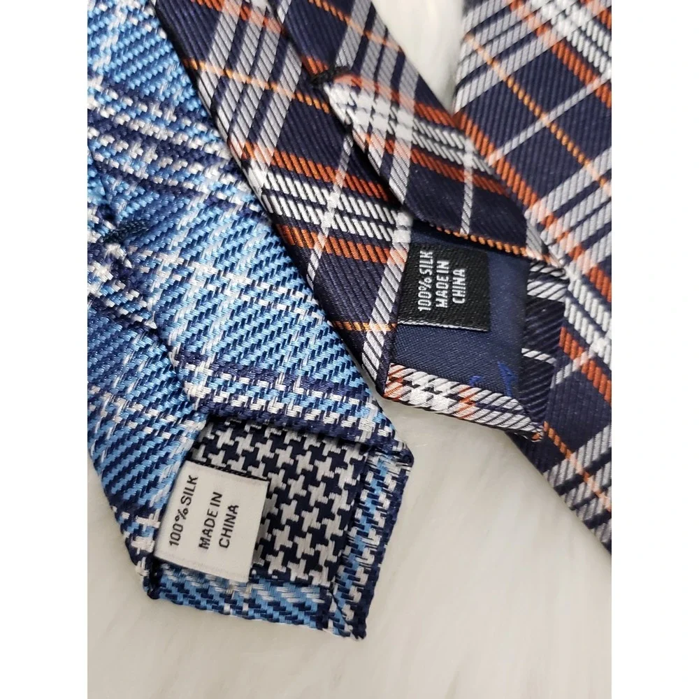 NWT 2 Jos A Bank Traveler 100% Silk Tie Brown Navy Blue Plaid Check Necktie Blue